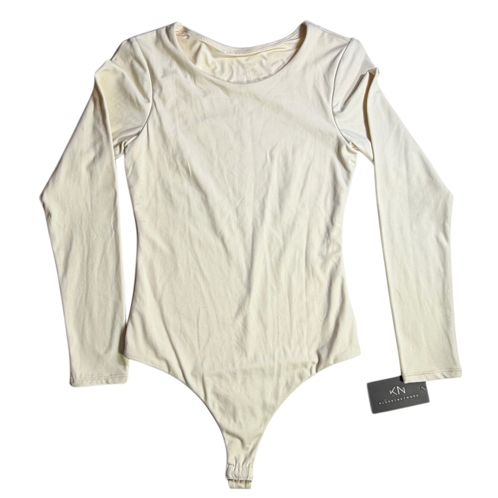 Klassy Network NWT Cream Long Sleeve Bodysuit Medium Stretch Fitted Minimalist